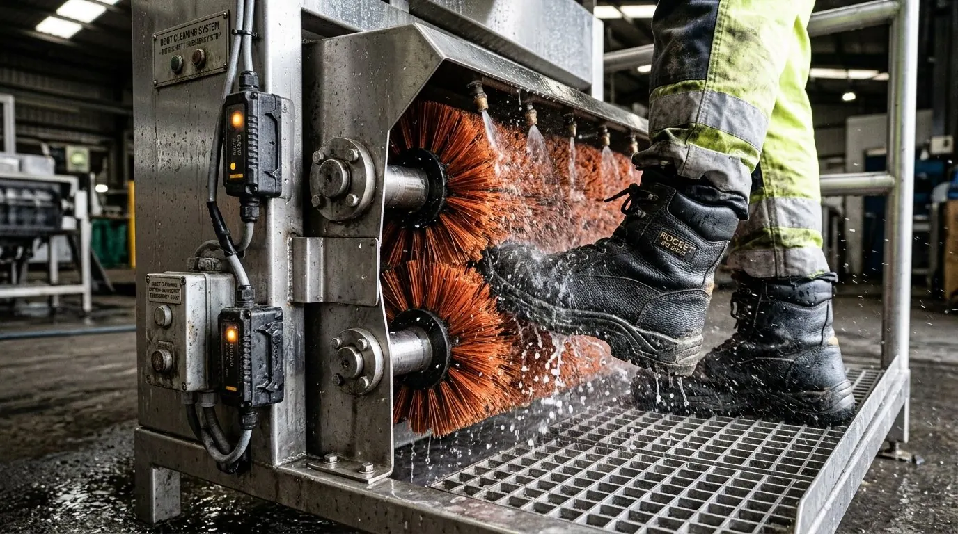 Detalhe de escovas automáticas higienizando botas em uma barreira sanitária industrial completa com jatos de água.