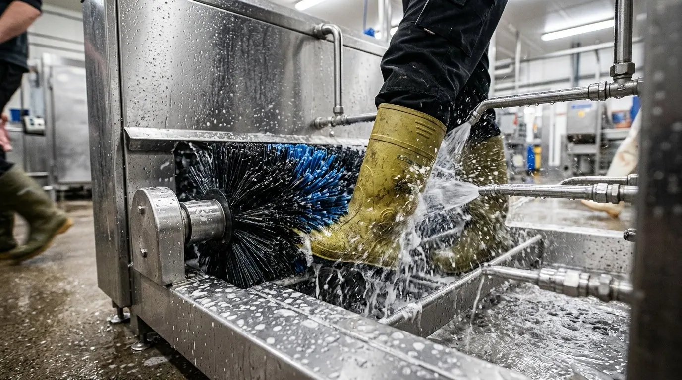 Detalhe de escovas rotativas e jatos de água em equipamento de barreira sanitária para frigorífico em close-up.