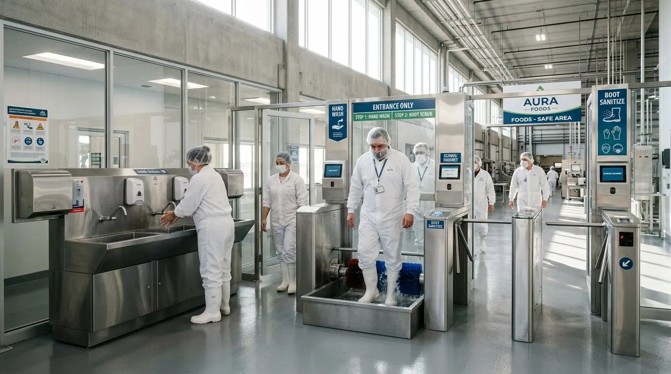 Trabalhadores passando por barreira sanitária para indústria alimentícia em um amplo corredor de aço inox e luz natural.