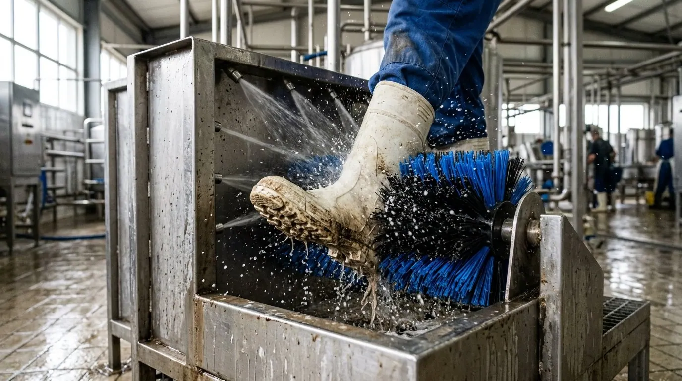 Close detalhado de lavador de botas em operação, parte essencial da barreira sanitária para laticínio profissional.