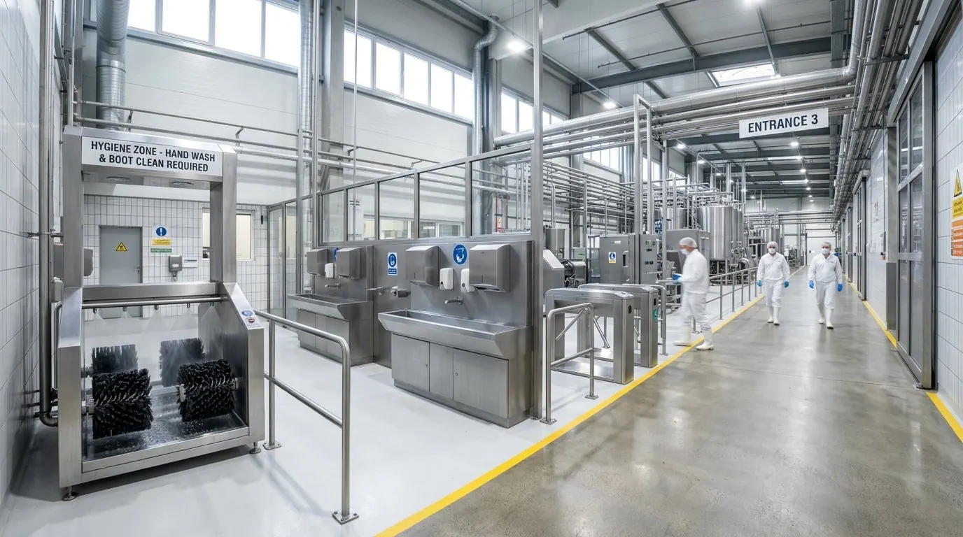 Visão ampla de uma barreira sanitária para laticínio com equipamentos de inox em um corredor industrial iluminado.
