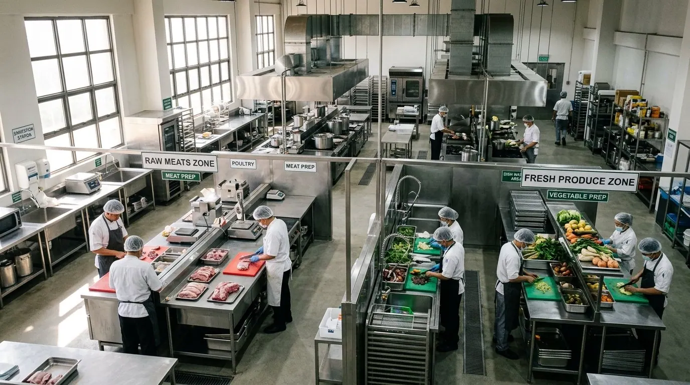 Cozinha industrial organizada com setores divididos para ensinar como prevenir a contaminação cruzada em larga escala.