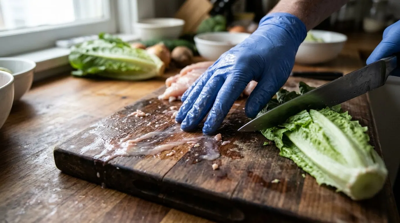 Close de faca tocando alface em tábua suja de frango cru detalhando um exemplo real de contaminação cruzada na cozinha.