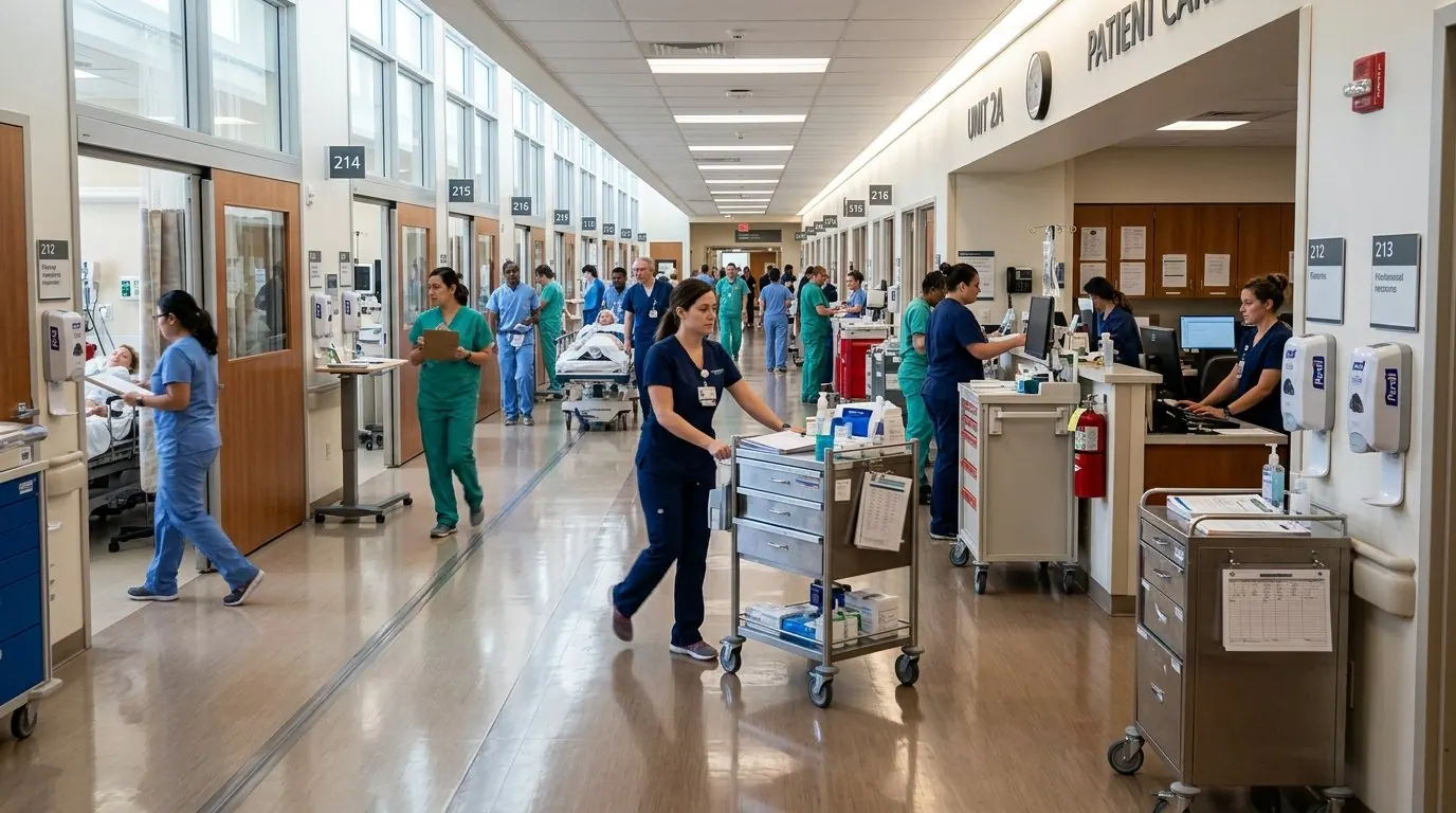 Corredor de hospital movimentado com médicos e equipamentos, cenário onde ocorre a contaminação cruzada hospitalar.