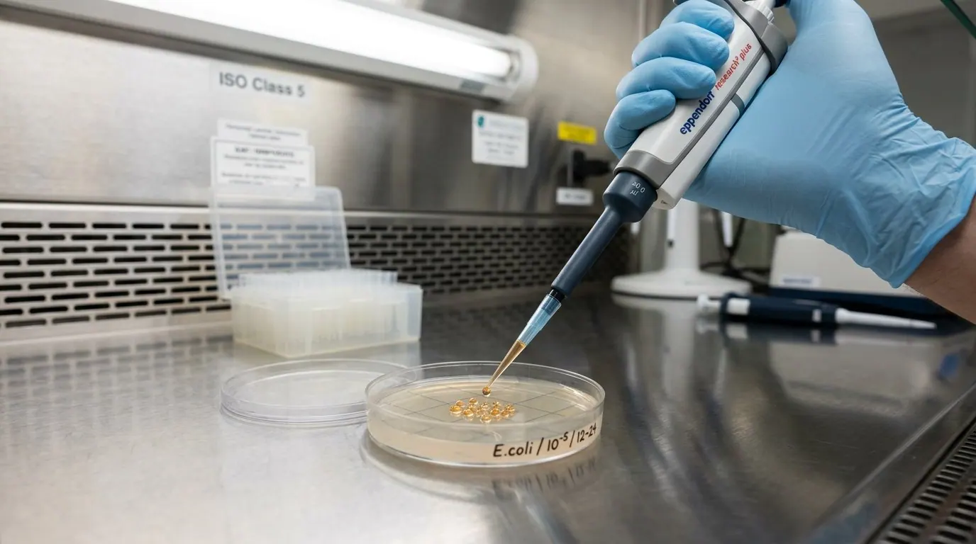 Detalhe de mãos enluvadas manipulando amostras em ambiente estéril para garantir o controle de contaminação biológica.