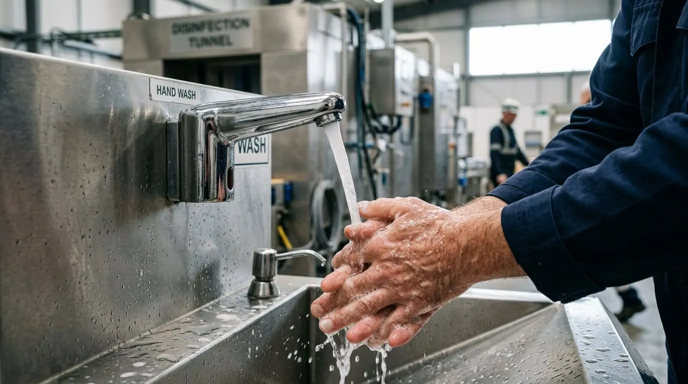 Detalhe de mãos sendo lavadas em pia de inox, parte essencial da estrutura de uma barreira sanitária profissional.
